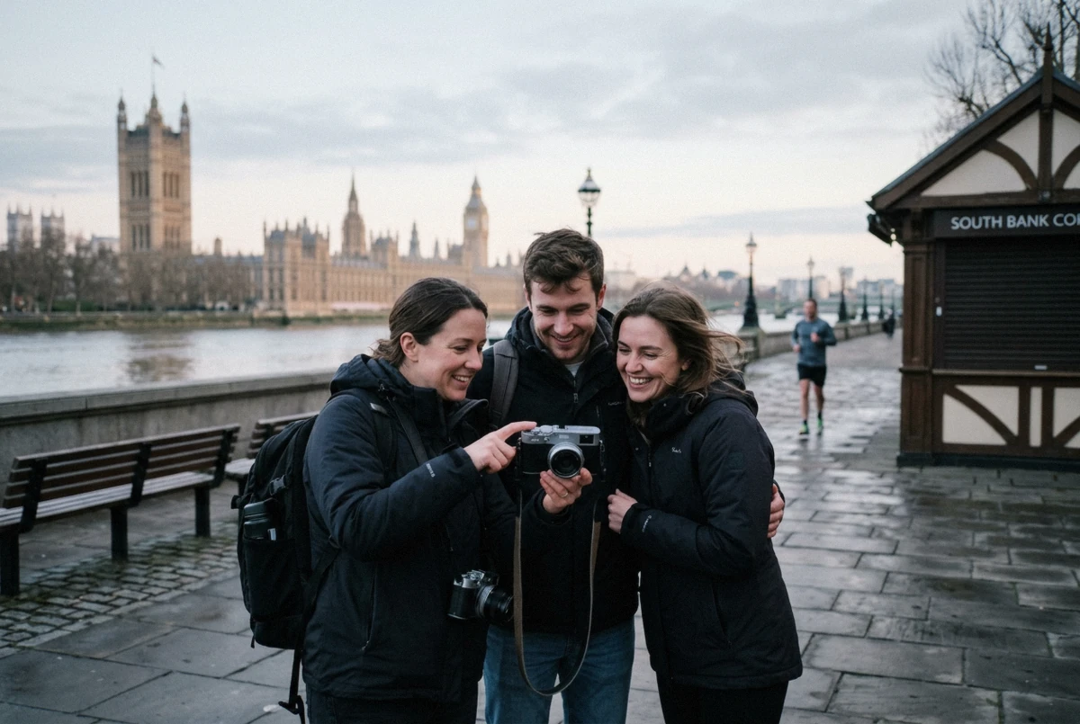 Photographer directing a couple on Westminster Bridge at sunrise, one of the best photo spots in London