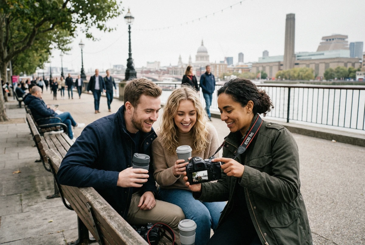 A photographer reviewing shots on a camera screen with a client beside the Thames, illustrating London photoshoot cost