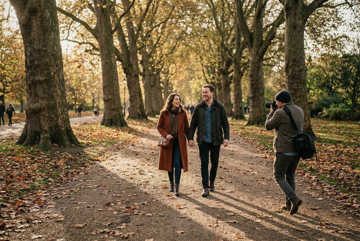 Engaged couple laughing together on Westminster Bridge during a London engagement photoshoot