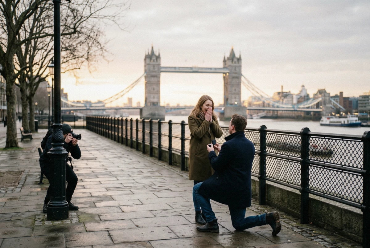 Man kneeling to propose in front of Tower Bridge at sunrise during a London proposal photoshoot