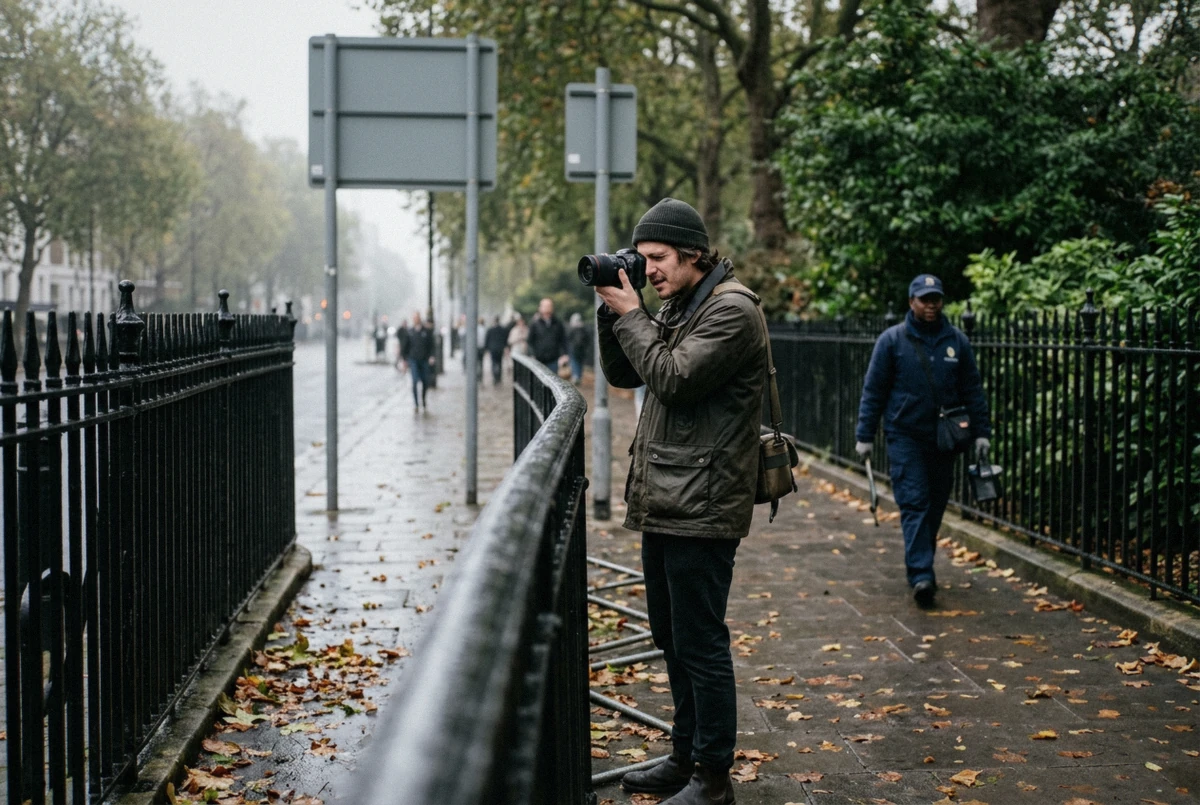 A photographer with a handheld camera working a pavement near Parliament Square, illustrating London photography permit rules