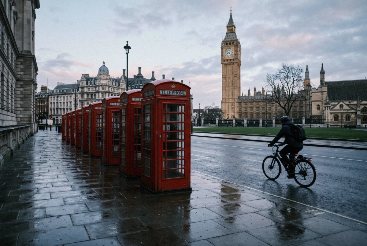Red telephone boxes on Parliament Square with Elizabeth Tower behind at sunrise, the most-booked London photoshoot backdrop