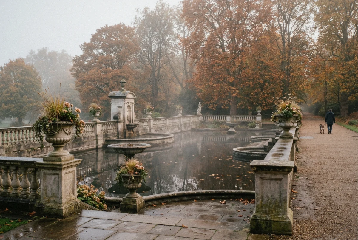 The Italian Gardens fountains in Kensington Gardens on a misty morning, a green London photoshoot location for families