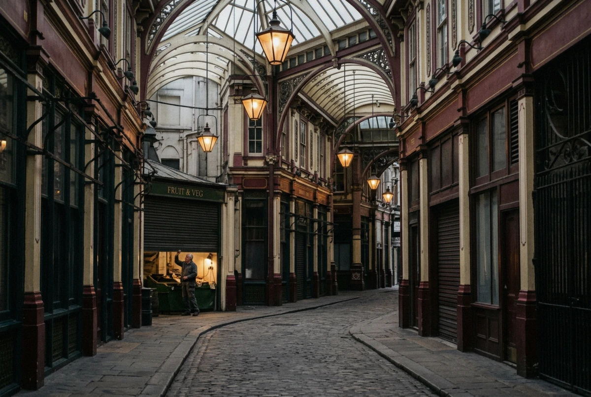 Ornate Victorian ironwork and lanterns inside Leadenhall Market, an indoor London photoshoot location for rainy days