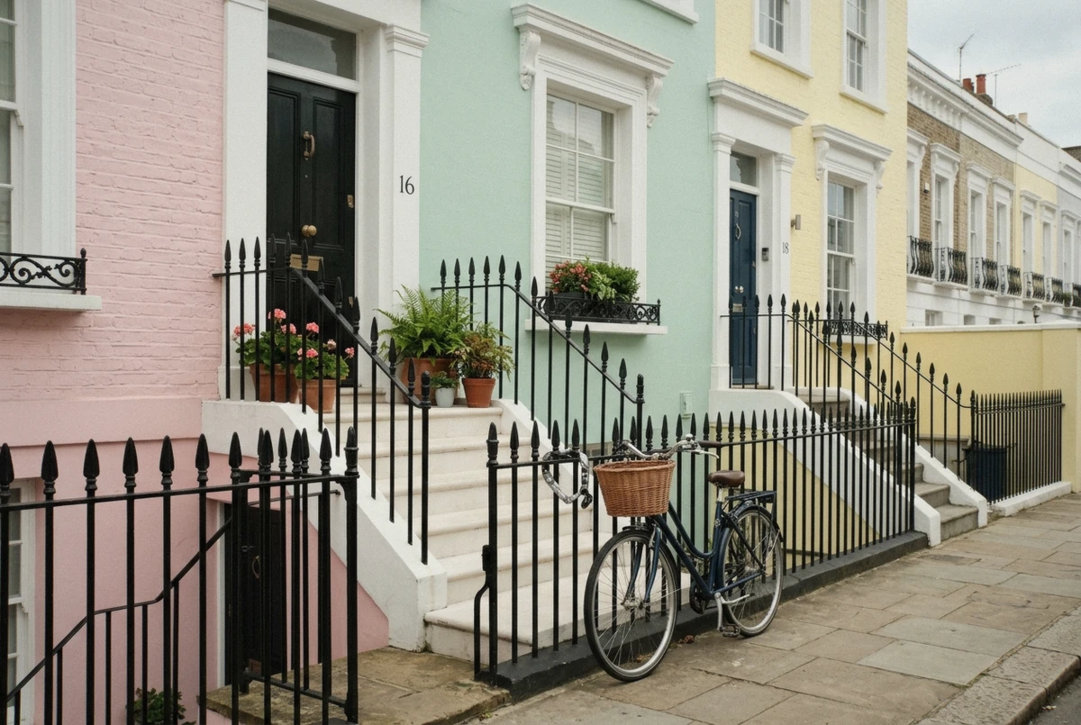 Pastel painted terraced houses in Notting Hill photographed on a quiet weekday morning during a London photoshoot