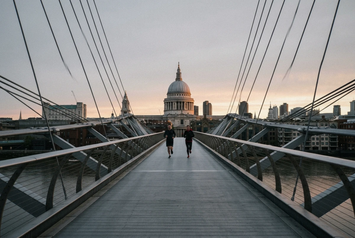 St Paul's Cathedral dome framed by the Millennium Bridge cables at first light during a London photoshoot