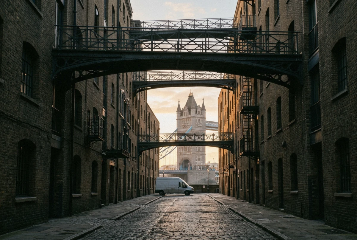 Tower Bridge seen down the cobbled warehouse street of Shad Thames during a London photoshoot at sunrise