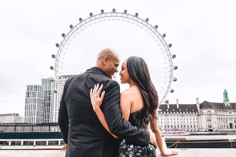 Couple photographed beside the London Eye during a private London photoshoot with a planned route