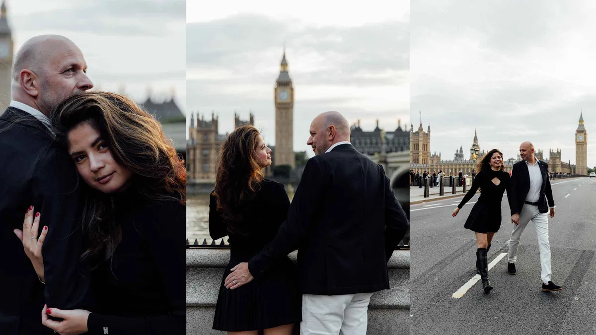 Couple walking hand in hand past Westminster during a cinematic London couple photoshoot